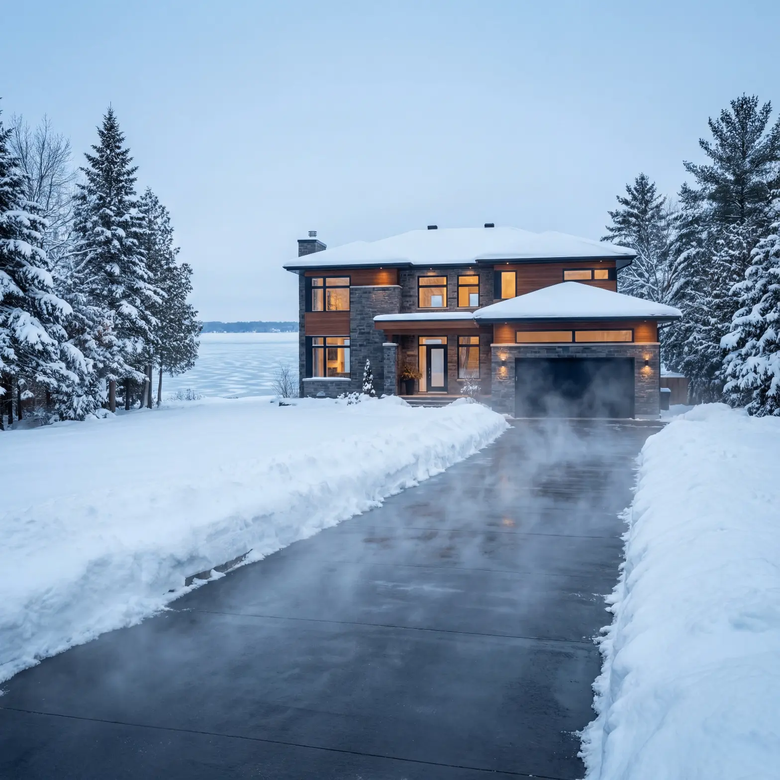 Snow and ice accumulation on an Ontario driveway — the core winter problem this section addresses Snow- and ice-covered Ontario driveway illustrating the winter safety and maintenance problems described in this section