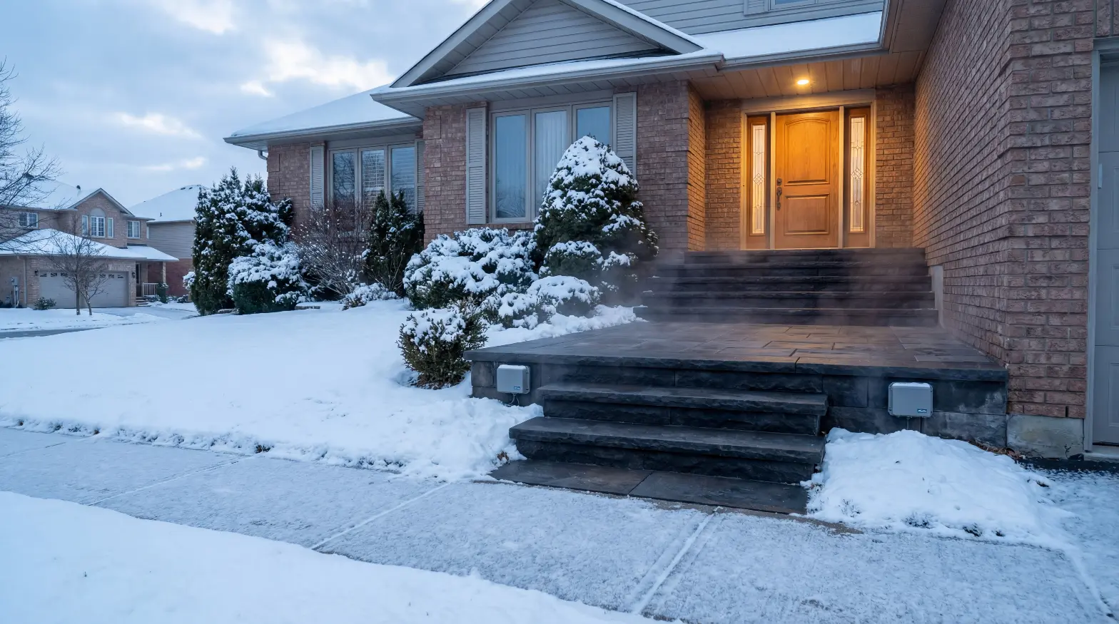 Heated front steps and porch entryway with snow-melt coverage for safer winter access
