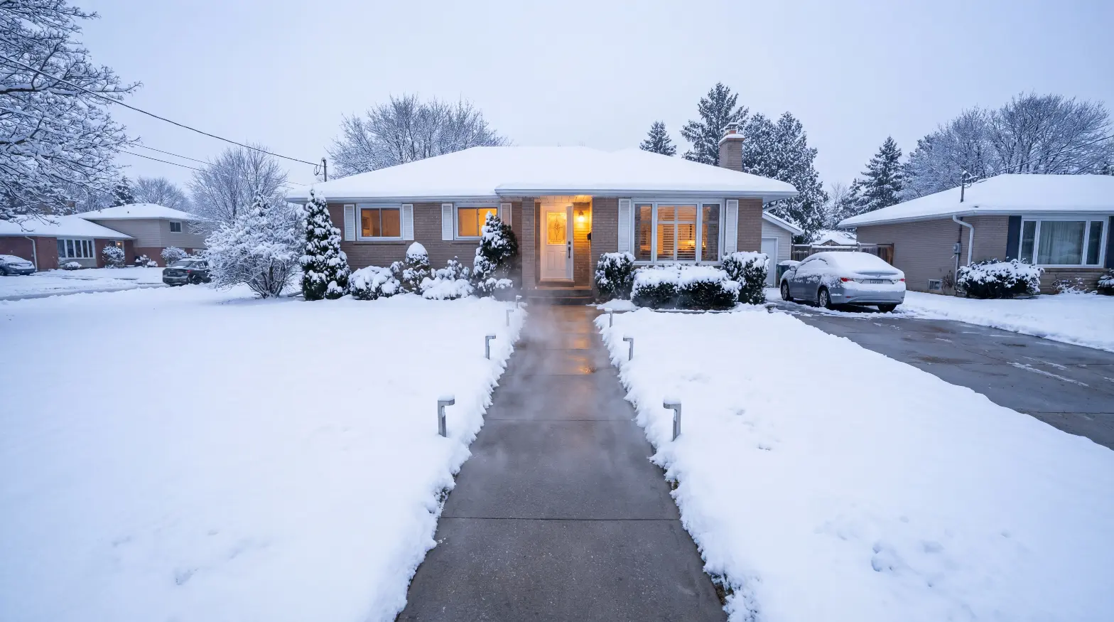Heated walkway with a clear, safe path to a front door during Ontario winter